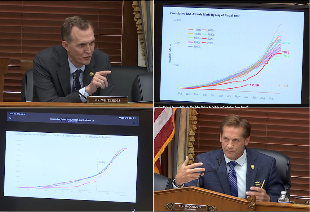 Four-panel figure of images from the the House Science Commitee hearing, showing Rep. Whitesides (D-CA) displaying a Grant Witness plot of NSF award-making, and Rep. Rich McCormick (R-GA) displaying a Grant Witness plot of NSF cumulative obligations.